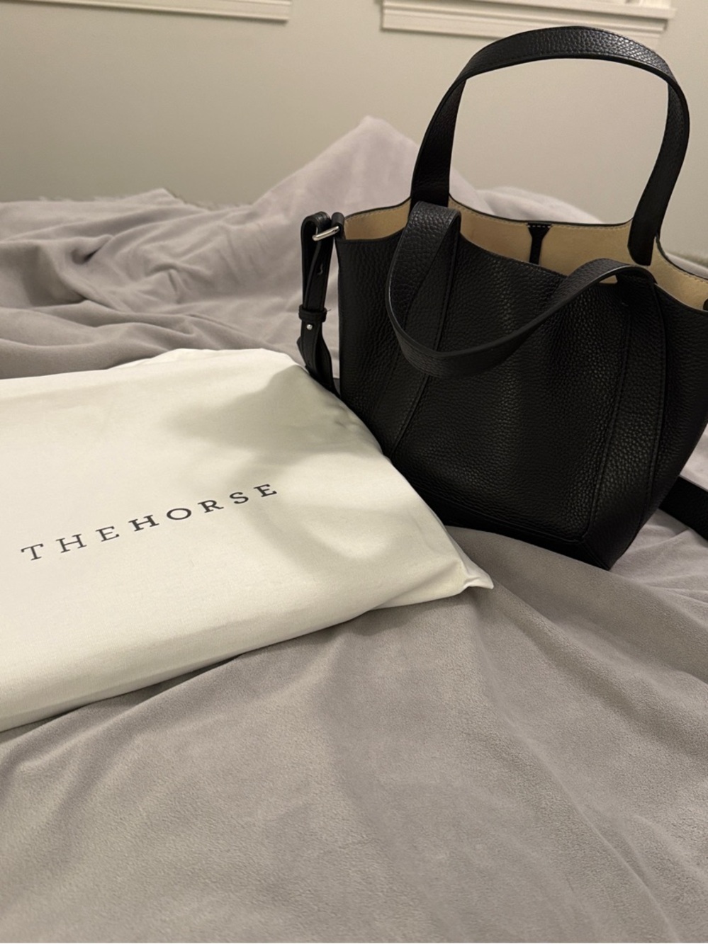 The Horse Alexie Tote! Black Pebbled Leather Shoulder Bag with Beige Interior